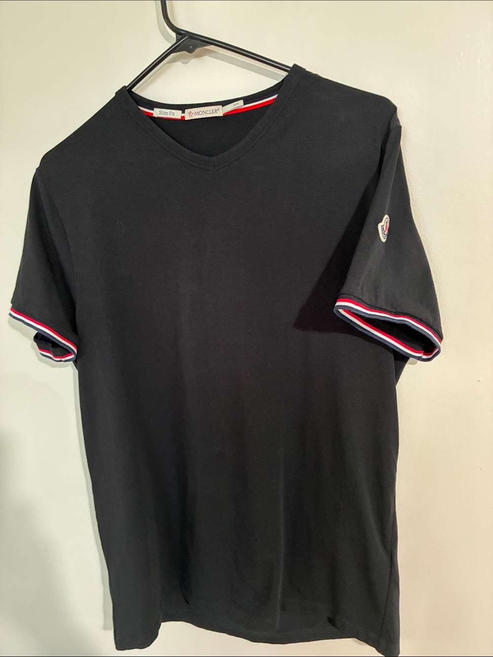 Moncler Black V-Neck Polo with Tricolor Sleeve Trim